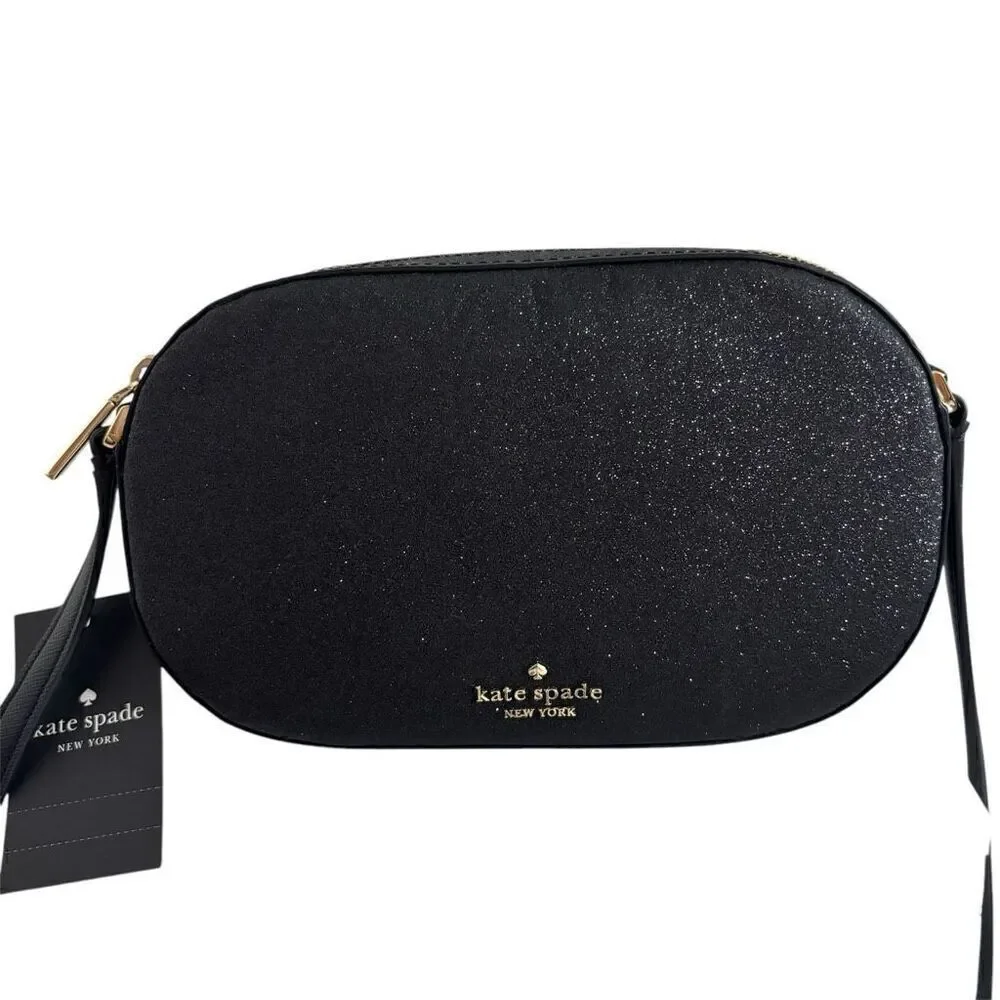 Kate spade Glimmer Oval Camera Bag crossbody purse black glitter new